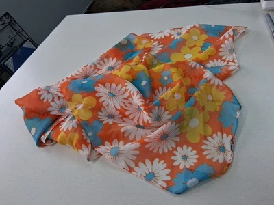 VINTAGE Scarf - Melon w/ Yellow, Turquoise and White Flowers! Lovely! 31" Square - Image 1 of 2