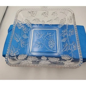 EAPG US Glass Square Serving Dish Plate Beaded Edge Grape Leaves Decor 8" - Picture 1 of 6
