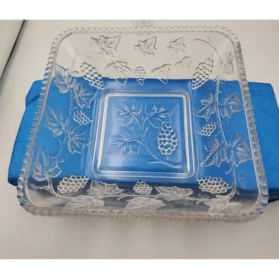EAPG US Glass Square Serving Dish Plate Beaded Edge Grape Leaves Decor 8" - Image 1 of 4