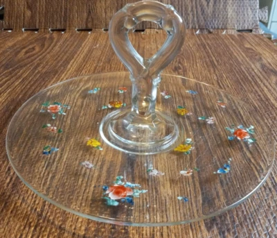 Plato para servir transparente lazo central pintado a mano de vidrio Depression 10 1/2 pulgadas Foto 1 de 4