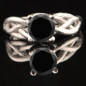 1.25Ct Round Shape Natural Black Diamond Solitaire Ring In Solid 14KT White Gold - Picture 1 of 10