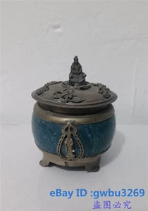 Estate Vintage China Tibet Silver Dragon Guanyin Inlaid Jade Incense burner30142 - Imagen 1 de 9