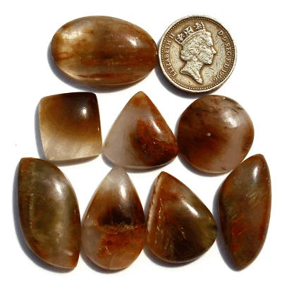 8 Pcs Natural Cacoxenite Rutilated Quartz 18mm-33mm Mix Cabochon Loose Gemstones - Image 1 of 4