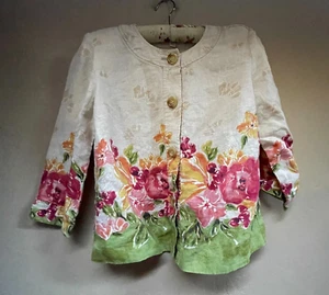 JM Collection Womens Size 10P Floral Linen Blazer Coat Button Front Multicolor - Picture 1 of 8