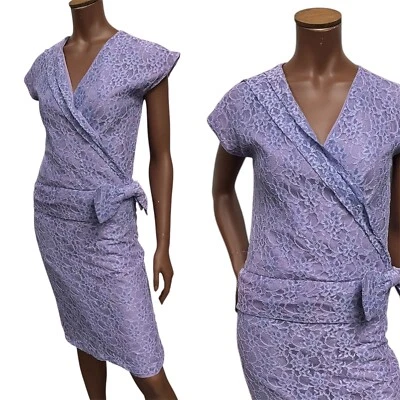 Vintage 80's Lilas Dentelle Robe 12-14 Détail Nœud Fête Mariage Habillé Occasion - Photo 1/4