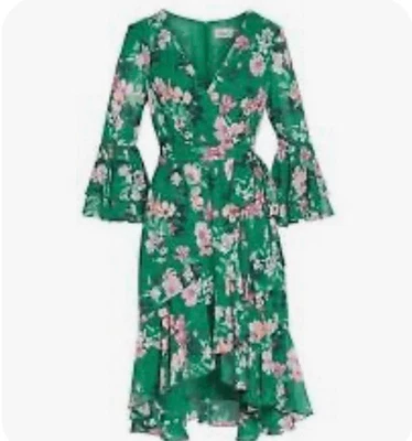 Eliza J Green Floral Faux Wrap Midi Dress Women’s Sz 6 Small Bell Sleeves - Image 1 of 4