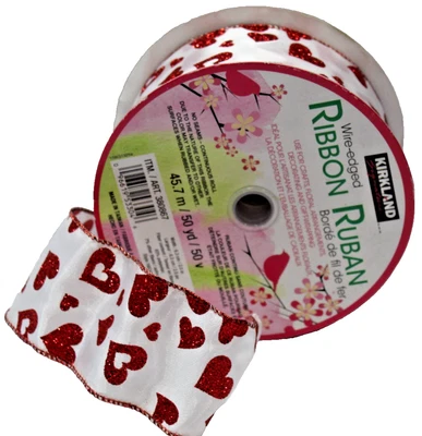 Heart Ribbon Wire-Edged 6.3cm Wide Wedding Satin Glitter Valentine Love Kirkland - Image 1 of 4