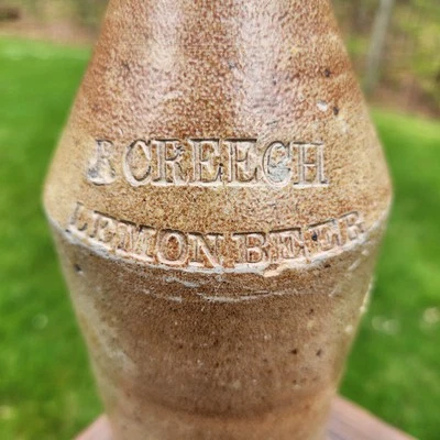 R Creech Lemon Beer Salt Glazed Stoneware Bottle West Troy NY Antique Americana - Image 1 of 4