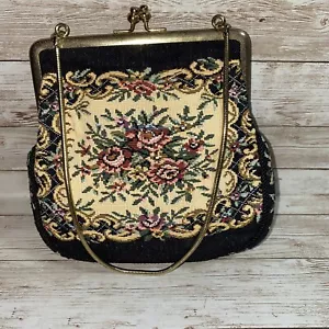 Blumen Gobelin klein Vintage Kissverschluss Clutch Handtasche Gold Kette Top Zustand - Bild 1 von 6