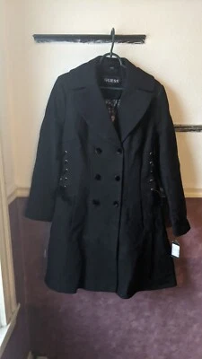 XL Black womens guess peacoat jacket coat velvet felted double breasted - Image 1 of 4