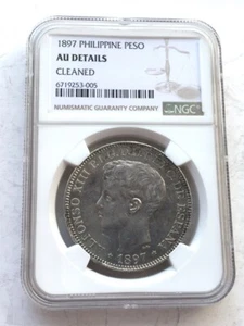 Spanish Philippines 1897 Alfonso XIII 1 Peso NGC Silver Coin,AU - Picture 1 of 2