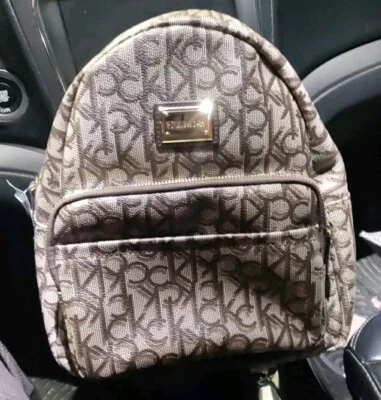 Calvin Klein Mini Backpack Purse Logo CK Brown Straps Vinyl and Fabric - Image 1 of 4
