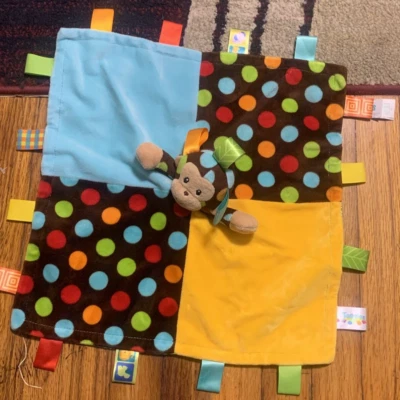 Taggies обезьяна синий зеленый атласный коричневый точек плюшевый безопасности одеяло Baby милый - Изображение 1 из 4