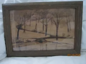 Antique Drawing-WINTER SCENE-Mar 1923-Framed-Folk Art - Picture 1 of 3