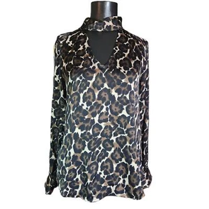 Trina Turk Womens Multi Long Sleeve Leopard Highneck Blouse Size Small - Picture 1 of 5