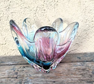 VINTAGE FEINE MURANO SCHWERE HANDGEBLASE VENEZIANISCHE KUNST GLASSCHALE, AQUA BIS ROSA - Bild 1 von 8