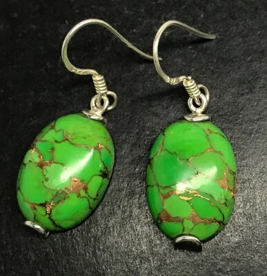 Green Mohave oval drop earrings, solid Sterling Silver, 18 x 12mm. Gift box. - Image 1 of 4
