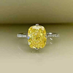 3Ct Cushion Cut Lab Created Yellow Diamond Engagement Ring 14k White Gold Plated - Picture 1 of 5