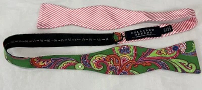 Collared Green 100% Silk Adjustable Bow tie Mens Pink Striped Green Paisley - Image 1 of 4