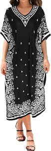 Women Nightgowns Long Caftan V-Neck Short Sleeve House Dress Cotton Sleepwear wi - Picture 1 of 12