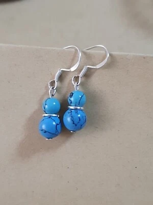 Türkis OHRRINGE Edelstein D 7mm & 4mm , 925 Silber Haken - Bild 1 von 4