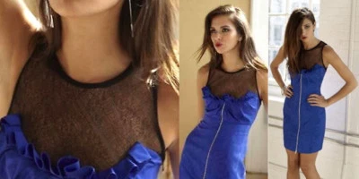 Vestido Ali Ro Azul Boina Tafetán Negro Ilusión Encaje Cremallera Frontal 6  Foto 1 de 4