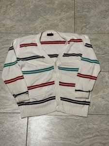 Vintage 90s RALPH LAUREN CHAPS Striped Cardigan Sweater Medium Button Up Flaws - Picture 1 of 8