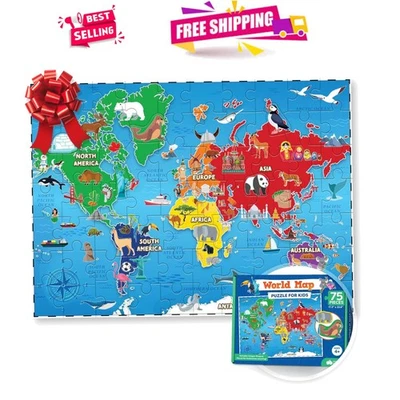 Atractivo rompecabezas mapa del mundo de 75 piezas - regalo geográfico perfecto para niños 4-8 Foto 1 de 4