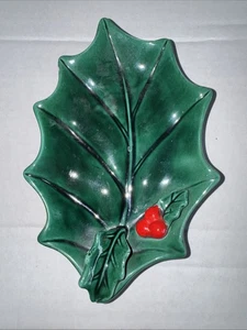 Vintage Lefton 7.5” Christmas Holly Leaf Candy Trinket Dish 1347 - Picture 1 of 6