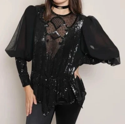 St. Martin Vintage 80’ Black Sequined Chiffon Juliet Top Statement Sz Medium - Image 1 of 4