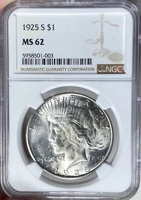 BU 1925-S Peace Silver Dollar NGC MS62 Excellent Luster, Better Date! RNHR - Image 1 of 3