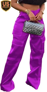 Satin Cargo Pants for Women High Waist Multiple Pockets Wide Leg Trouser - Picture 1 of 6