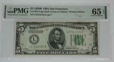 Series 1928-B Green Seal $5 FRN L-SF District PMG 65 Gem Unc EPQ Fr#1952-L - Image 1 of 4