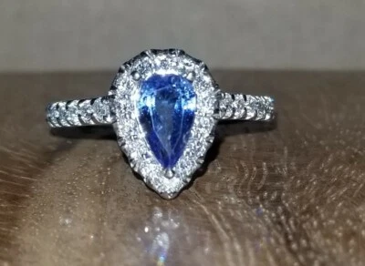 14k white gold natural pear shape blue  sapphire engagement ring 1.25ct  - Image 1 of 4