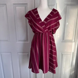NWT Monteau Faux Wrap Lg Stripe V Neck Midi Dress w/ Flutter Sleeve Romantic - Picture 1 of 7