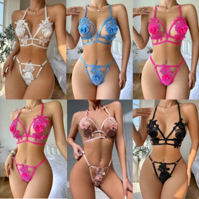 Sleepwear Underwear Set Nightwear Women Sexy Lingerie Lace Bra Thong Set Belt - Image 1 of 4