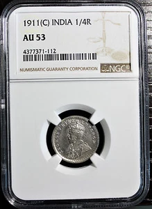 British India 1911-C KGV 1/4 Rupee NGC Graded AU 53 Rare ! - Picture 1 of 1