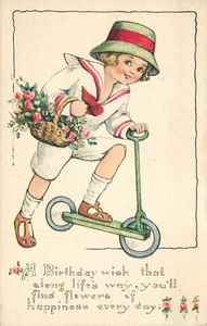 Birthday Postcard Girl Rides Scooter Holds Flowers Bouquet L&ENY 4276 - Picture 1 of 2