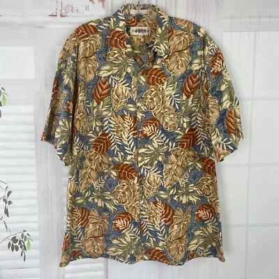 Campia Moda L Aloha Shirt Leaf Print Cotton S/S Leaf Earthtones Green Blue EUC - Image 1 of 4