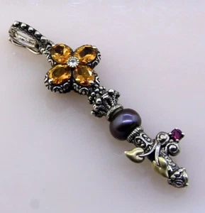 Barbara Bixby Citrine Pearl Key Pendant Sterling Silver 925 & 18k Gold SZ 2.5" - Picture 1 of 9
