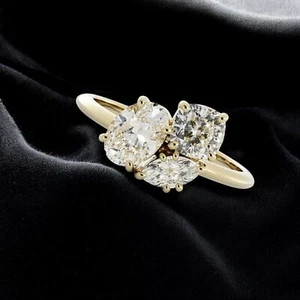 1.70 TCW Cushion Oval Marquise Cut GIA Diamonds Three-Stone Ring 18K Yellow Gold - Picture 1 of 4