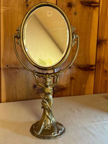 Vintage Artistic Brass Goddess Vanity Table Top Tilt Oval Mirror Solid. Italy?? Cover