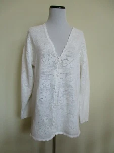 Vtg Gina Peters Size M Long Sleeve V Neck Covered Buttons White Sweater  - Bild 1 von 5