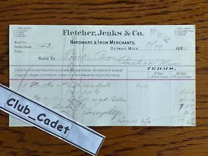 1891 BILLHEAD Detroit Michigan ~ Fletcher, Jenks & Co Hardware & Iron Merchants - Picture 1 of 1