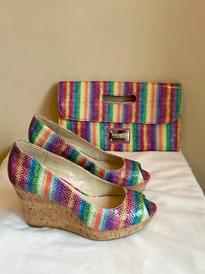 Nine West Cheerful 30 Cork Wedge Peep Toe Heels 7.5M w/Matching Purse CUTE! - Image 1 of 4