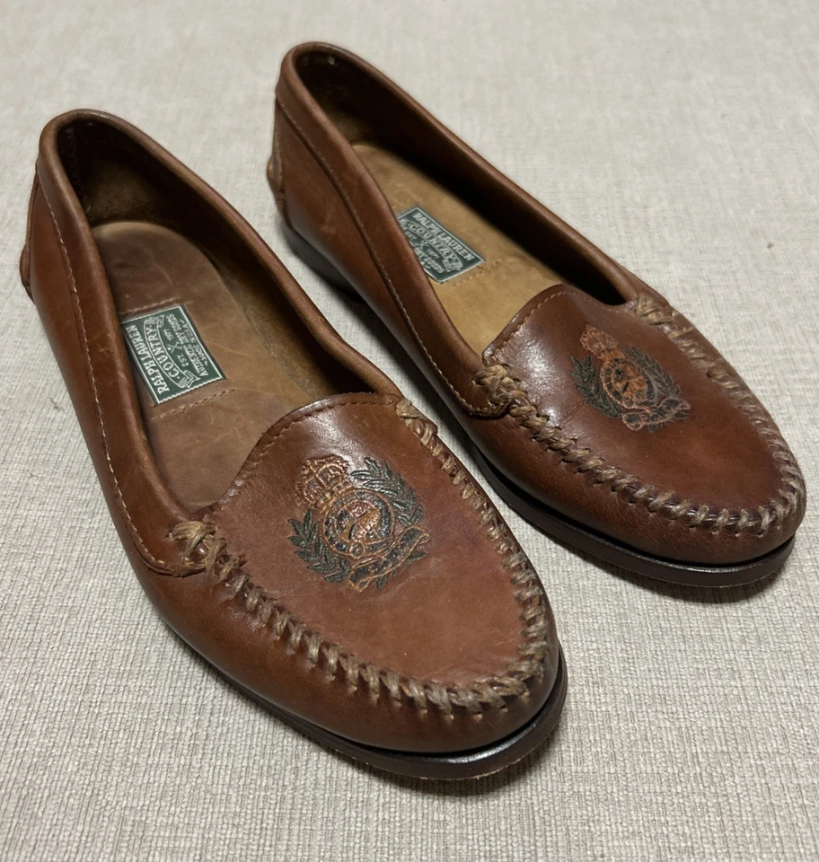 RALPH LAUREN COUNTRY Vtg 80s Leather Loafers Embroidered Crest USA 7B RARE - Image 1 of 4