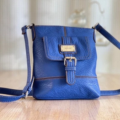 Nine West Crossbody Bag Purse Blue Pebbled Faux Leather Pocketbook Buckle Accent - Image 1 of 4