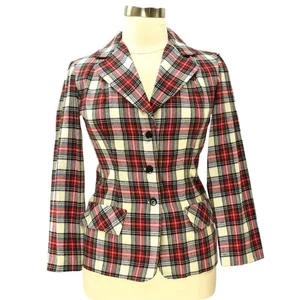 70s Vintage Wool Blend Red Plaid Shirt Jacket Womens L 12 Western Fitted Blazer - Picture 1 of 5