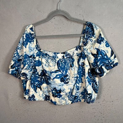 H&M Womens Floral Print Cotton Crop Top Blue / White XL New! - Image 1 of 4