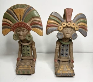 Vintage Set Of 2 Aztec Inca Mayan Flute Whistle Mexico Folk Art Pottery Clay 9" - Picture 1 of 6